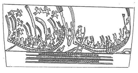 Thuyền của người Việt cổ vượt biển vào thời đại Hùng Vương (hoa văn trên trống đồng). Ảnh minh họa