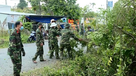 Lực lượng vũ trang huyện Bình Tân rong mé cây tạo cảnh quan sáng- xanh- sạch- đẹp.