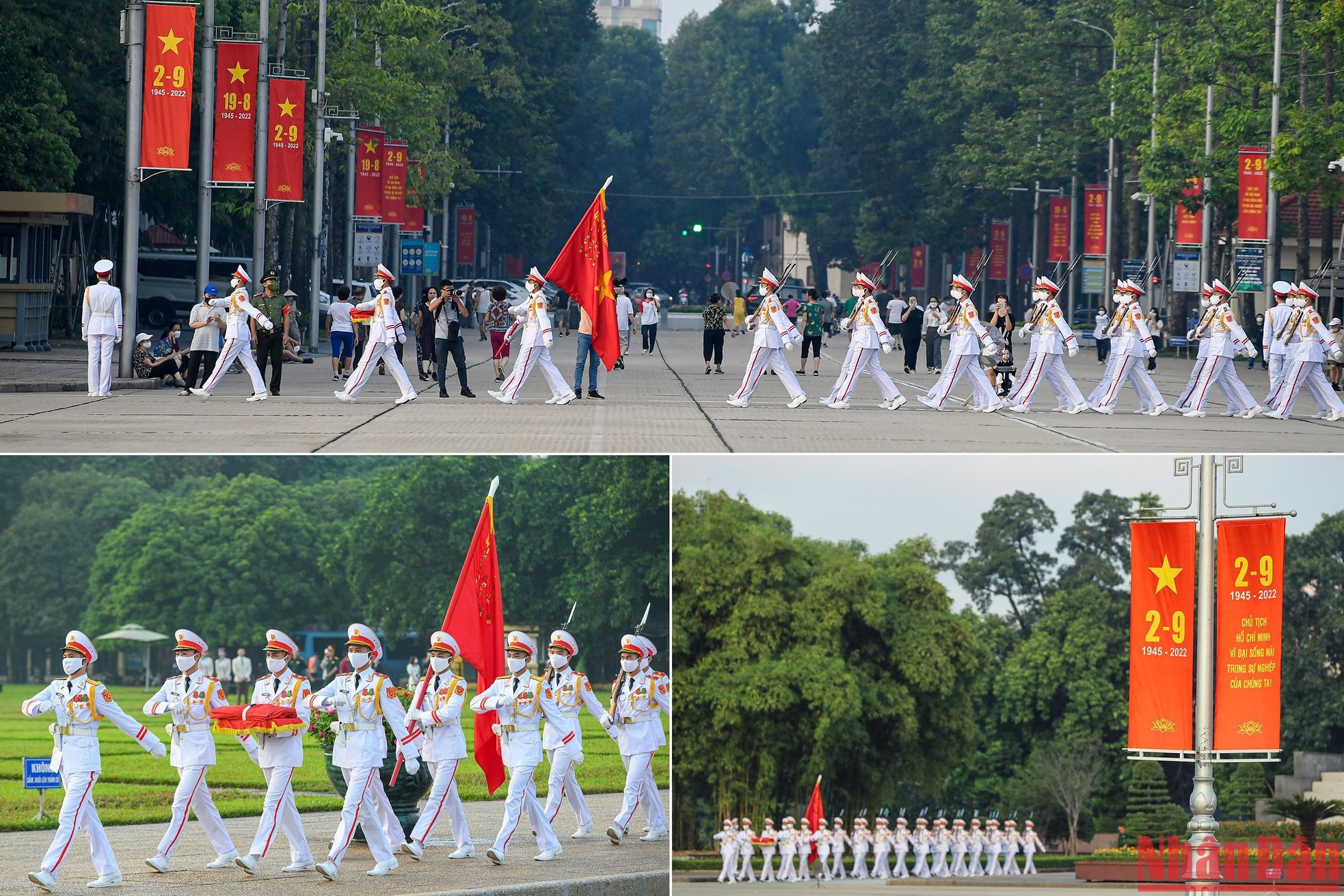 6 giờ kém 5 phút, đội tiêu binh hành tiến vào Quảng trường Ba Đình trên nền quân nhạc từ góc phía đường Hùng Vương giao với Lê Hồng Phong.