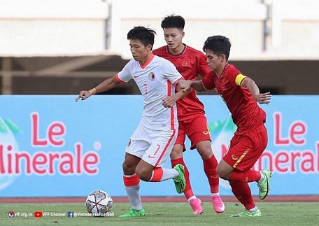  U20 Việt Nam (áo đỏ) được nhận định sẽ thắng đậm U20 Timor Leste ở lượt trận thứ 2 bảng F vòng loại Giải U20 châu Á 2023. (Ảnh: VFF)