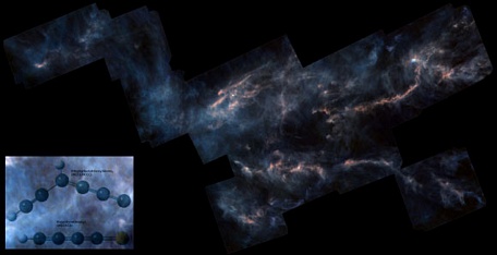  Cấu trúc hai phân tử hữu cơ (ảnh nhỏ) và đám mây phân tử Kim Ngưu 1 - Ảnh: NASA/VIỆN VẬT LÝ CƠ BẢN