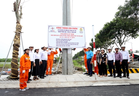 Lãnh đạo Liên đoàn Lao động và Công ty Điện lực Vĩnh Long làm lễ gắn biển công trình.