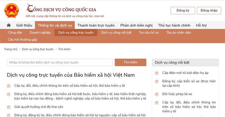 Các dịch vụ công trực tuyến của Bảo hiểm xã hội Việt Nam trên Cổng Dịch vụ công quốc gia.