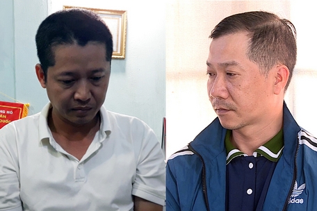 Bị can Phạm Văn Quyết (bên trái) và Nguyễn Văn Chất tại cơ quan công an.